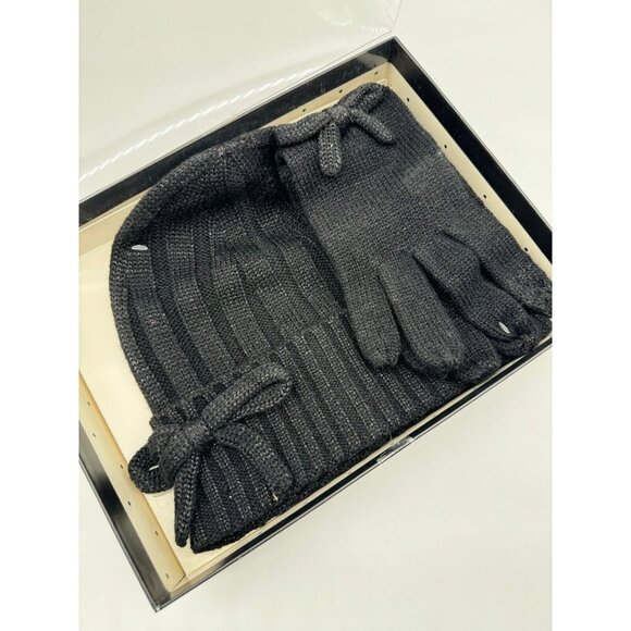 KATE SPADE metallic bow cuffed women's beanie winter hat + glove set -BLACK-2 PC - Picture 1 of 7